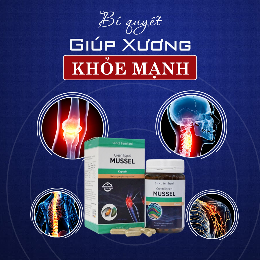 Tinh chất vẹm xanh New Zealand có trong thực phẩm bảo vệ sức khoẻ Mussel Sanct Bernhard kết hợp cùng Glycosaminoglycans và Vitamin C hỗ trợ điều trị thoái hóa khớp, khô khớp, viêm khớp, thoát vị đĩa nệm và giúp cơ thể phục hồi các tổn thương xương khớp sau chấn thương.